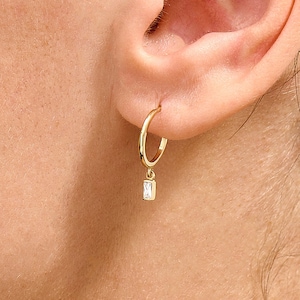 14k Solid Gold Baguette Diamond Dangle Earrings, Minimalist Drop Earrings for Women, Handmade Everyday Jewelry, Elegant Gift for Her