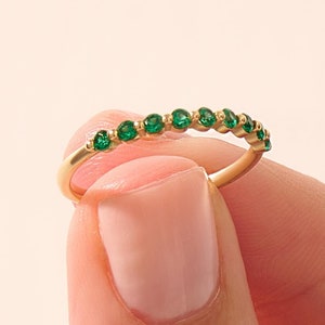 10k Solid Gold Emerald Stacking Ring – Minimalist Green Half Eternity Band for Women, Thin Layering Wedding Ring, Dainty Jewelry Gift