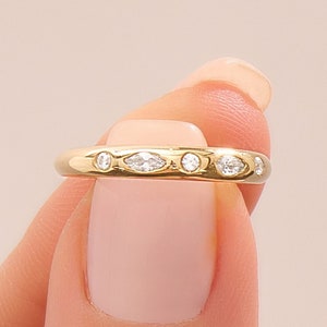 Lab Diamond Wedding Band Solid 14K Gold Slim Dome Ring Flush Set Marquise Stacking Womens Minimalist Dainty Yellow Rose White Gold Jewelry