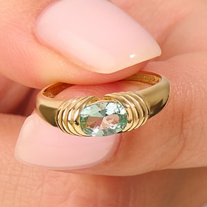 14k Solid Gold Blue Tourmaline Dome Ring – Unique Chunky Pinky Signet, Women’s Statement Ring, Alternative Engagement Jewelry Gift