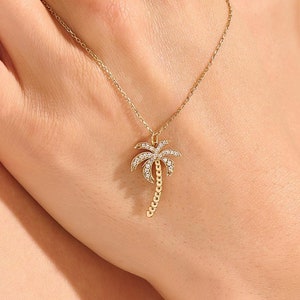 14k Solid Gold Palme Anhänger Halskette, Tropischer Sommer Charme für Frauen, Minimalist Hawaiian Schmuck Geschenk für sie, Echtgold Halskette