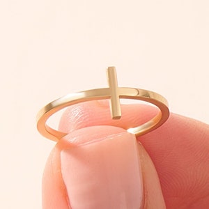 Small Plain Cross Ring 14k Solid Gold Sideways Cross Ring Minimalist Christian Ring Women Simple Faith Ring Religious Gold Ring Jewelry Gift