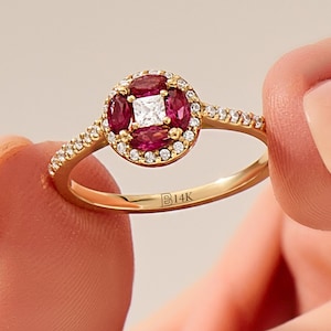 14k Solid Gold Ruby Diamond Ring, Art Deco Pink Gemstone Band, Dainty July Birthstone Jewelry, Fine Gold Promise Ring Gift for Her