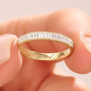 14K Solid Gold Moissanite Baguette Wedding Band, Half Eternity Ring for Women, Dainty Anniversary Band, Minimalist Stackable Jewelry Gift
