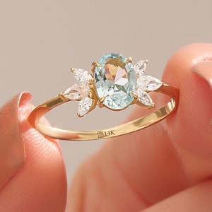 14k Solid Gold Aquamarine Oval Engagement Ring for Women, Blue Gemstone Flower Solitaire, Elegant Colored Stone Birthday or Bridal Gift