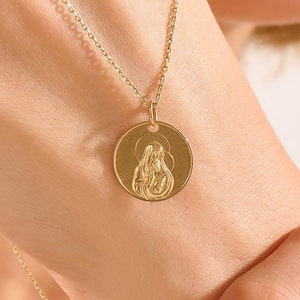 14k Solid Gold Virgin Mary and Jesus Pendant • Real Gold Madonna Medal Disc Necklace for Women • Religious Charm Jewelry Gift for Her