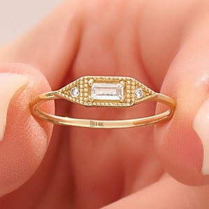 14Kソリッドゴールドヴィンテージバゲットリング - 女性用上品なシグネットピンキーリング、重ね付けできるダイヤモンドゴールドジュエリーギフト