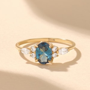 Oval Blue Sapphire Engagement Ring 14K Solid Gold Vintage Solitaire Band Jewelry Women
