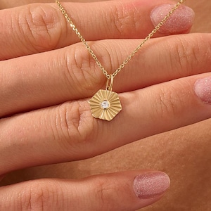 Solid Gold Hexagon Pendant Necklace, Sunshine Necklace for Women, 14k Gold Minimalist Pendant, Gift for Mom, Wife, Her, Mother
