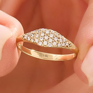 14k Gold Pinky Ring Women Solid Gold Pave Signet Ring Dainty Diamond Pointer Finger Ring Slim Dome Ring Jewelry Gift for Her Birthday Gift