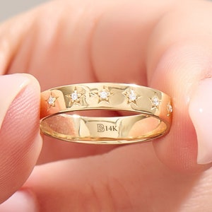 14k Solid Gold Moissanite Star Wedding Band, 4mm Dainty Celestial Ring with Diamond Accents, Minimalist Gold Stackable Marriage Ring