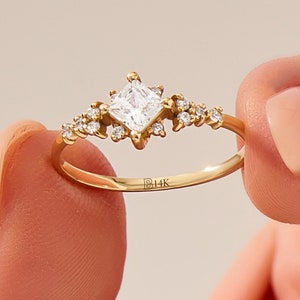 14k Solid Gold Minimalist Engagement Ring, Princess Cut Solitaire Art Deco Ring for Women, Dainty Handmade Gold Bridal Jewelry Gift