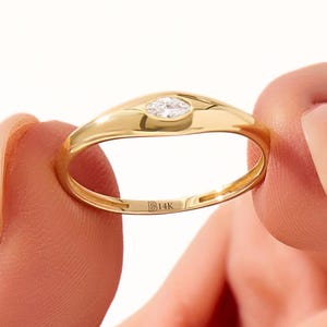 14K Marquise Signet Ring, Solid Gold Bezel Moissanite Ring Womens Tiny Dome Ring Minimalist Pinky Ring Small East West Ring Her Jewelry Gift
