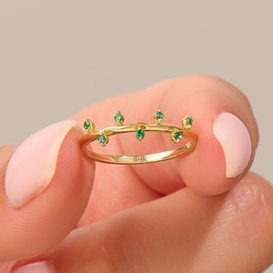 14k Solid Gold Emerald Stacking Ring for Women, Thin Minimalist Dainty Band, Unique Stackable Emerald Jewelry Gift for Her