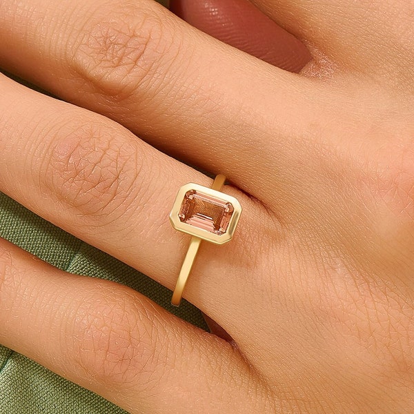14k Orange Bezel Ring, Padparadscha Sapphire Engagement Ring, Solid Gold Emerald Cut Solitaire Ring, Peach Color Gemstone Anniversary Ring