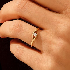 14k Solid Gold Diamond Evil Eye Ring – Dainty Protection Pinky Ring for Women, Good Luck Third Eye Jewelry, Minimal Fine Gold Statement Gift