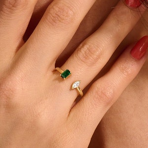 14k Solid Gold Open Emerald Ring, Unique Toi et Moi Rings for Women, Baguette Emerald Stacking Ring, Cuff Double Birthstone Band Rings