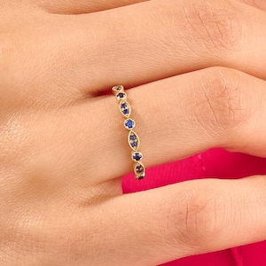 Sapphire Wedding Band, Solid Gold Art Deco Ring, Women Vintage SapphireRing, Stacking Ring, Half Eternity Sapphire Ring, Gift for Wife, Mom