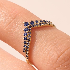 14k Gold V Shaped Sapphire Ring, Blue Chevron Curved Wedding Band Enhancer for Women, Solitaire Stacking Gift, Engagement Ring Stack Band