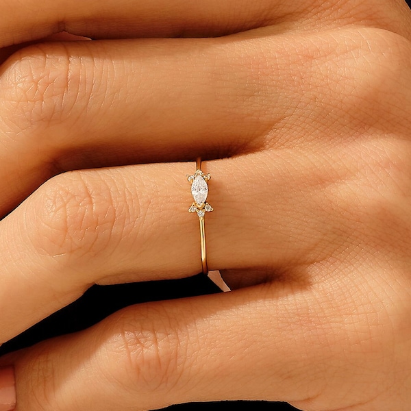 Bague marquise minimaliste en or massif, bagues de fiançailles basiques 14 carats pour femme, anneau de zirconium est-ouest, bague de proposition délicate, son cadeau