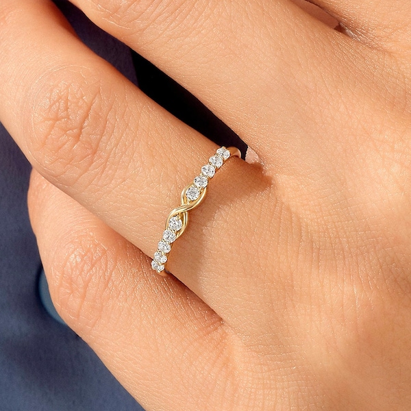 Solid Gold Pave Infinity Ring, 14k Gold Unique Wedding Ring Women, Dainty Stacking Band, Half Eternity Ring, Thin Bridal Ring for Her