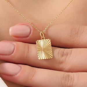 14k Solid Gold Rectangle Sunshine Necklace • Minimalist Sunrise Pendant for Women • Dainty Everyday Gold Jewelry • Gift Necklace for Her