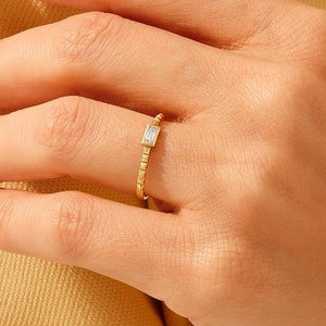 14k Baguette Ring, Solid Gold Minimalist Engagement Rings for Women, Dainty Bridal Band, Unique Wedding Stackable Ring, Diamond Cz Ring