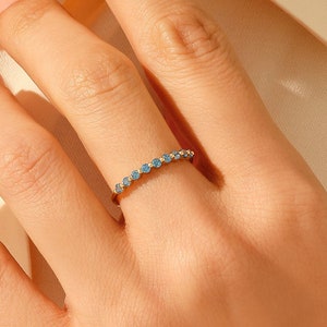 Stunning Aquamarine Wedding Ring, 14k Gold Blue Gemstone Stacking Ring,Mothers March Birthstone Ring,Slim Half Eternity Band Rings for Women image 2