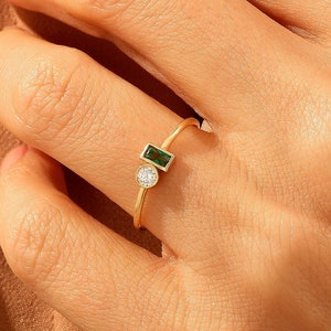 Solid Gold Toi et Moi Ring,14k Gold Emerald and Diamond Cz Ring for Women, You and Me Ring, Two Birthstone Ring, Personalized Gifts