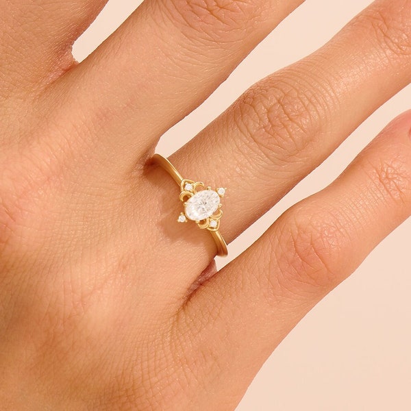Oval Moissanite Engagement Ring, 14k Solid Gold Vintage Design Ring, Art Deco Solitaire Ring Women, Lab Created Diamond Promise Ring