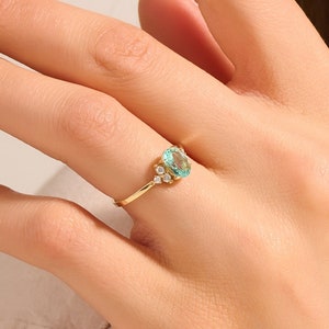 14k Gold Mint Blue Tourmaline Ring, Solid Gold Gemstone Engagement Ring, Womens Oval Solitaire Ring, Dainty Crystal Gem Ring, Handmade Gift