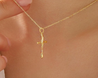 Swirl Cross Pendant, 14K Solid Gold Abstract Gold Cross Charm, Unique Wavy Religious Necklace