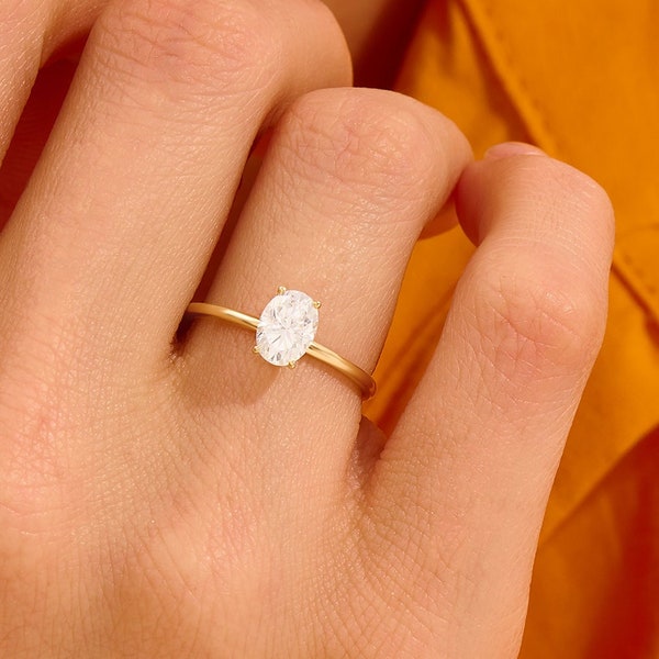 Anillo de solitario Moissanite de corte ovalado de 1ct, anillo de compromiso clásico minimalista para mujeres, anillo de propuesta de oro macizo de 14k 18k 10k, anillo de promesa delicada