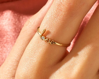 Atemberaubender Liebesbandring, 14-karätige Goldringe mit Liebesschrift für Frauen, minimalistischer Liebeswortring, massiver Goldkursivring, schicker Versprechensring