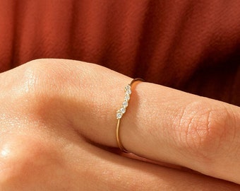 Bague courbe ultra-fine en or massif, alliances contour en or 14 carats pour femme, anneau gigogne simple, rehausseur de bague basique avec oxyde de zirconium