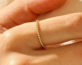 14k Solid Gold Stacking Ring for Women Dainty Beaded Ring Minimalist Gold Stackable Ring Thin 1mm Band Ring Jewelry Gift for Her