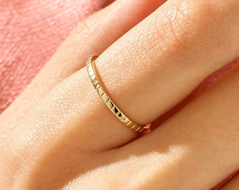 Solid Gold Square Wedding Band, 14k Gold Minimalist Gold Rings for Men Women, Thin Comfort Fit Ring, Simple Textured Gold Band,Stacking Ring