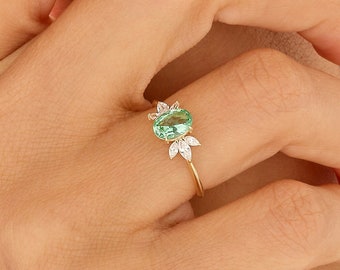 14k Paraiba Tourmaline Ring, Flower Engagement Ring, Solid Gold Oval Cut Solitaire Ring Women, Dainty Ring, Green Gemstone Floral Ring