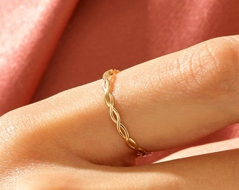 Anillo de oro real apilable retorcido imprescindible, alianza de boda trenzada de oro macizo de 14 k para mujeres, perfecto para amantes de la joyería minimalista