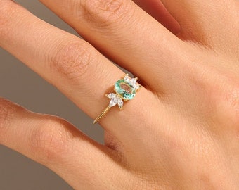 14k Gold Mint Blue Tourmaline Ring,  Flower Engagement Ring, Oval Tourmaline Ring, Gemstone Solitaire Ring, Dainty Gold Rings, Handmade Gift