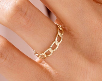 Solid Gold Oval Chain Ring, 14k Gold Link Stacking Ring for Women, Pointer Finger Ring, Minimalist Wedding Ring, Dainty Statement Band