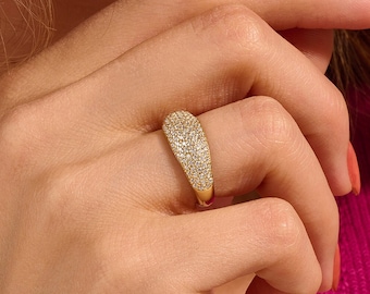 14k Gold Pave Dome Ring, Massivgold Grobstrick Ehering für Frauen, Micro Pave Diamant Cz Ring, Dicker Bandring, Zierliche Siegelring