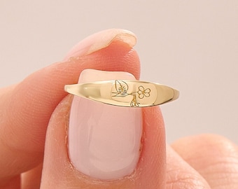 14k Gold Personalized Birth Flower Ring, Solid Gold Custom Pinky Ring, Dainty Engraved Ring, Minimalist Floral Signet Ring, Handmade Gifts