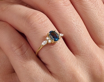 14k ovale saffier verlovingsring, massief gouden vintage Solitaire ring, Art Deco blauwe edelsteen jubileumring, minimalistische handgemaakte sieraden