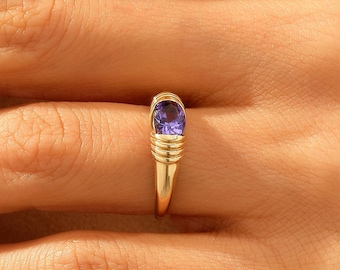 14k Gold Tanzanite Ring Solid Gold Purple Stone Ring Oval East West Statement Ring  Chunky High Dome Rings for Women Bubble Gemstone Ring