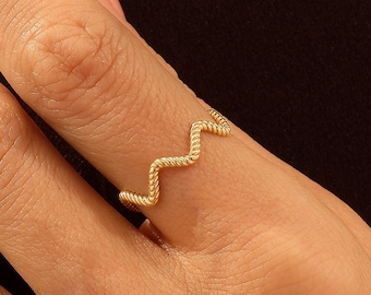 Solid Gold Twisted Zigzag Ring, 14k Gold Minimalist Wave Rings for Women, Braided Band Up and Down Ring, Dainty Stacking Ring,Geometric Ring