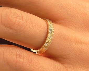 14k Gold Blumenring, graviertes Band solides Blattgold, Damen Natur Ehering, minimalistischer Goldring, zierliche Blumenring