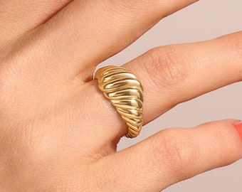14k Solid Gold Chunky Croissant Ring Women, Dome Statement Ring, Thick Band Twisted Rope Large Bubble Ring, Wide Handmade Rings for Her