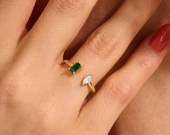 14k Solid Gold Open Emerald Ring, Unique Toi et Moi Rings for Women, Baguette Emerald Stacking Ring, Cuff Double Birthstone Band Rings