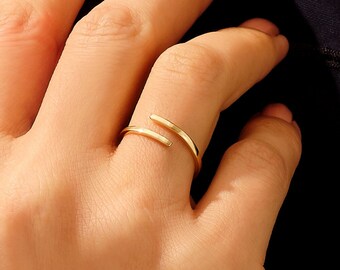 Elegant Bypass Thumb Ring, 14k Solid Gold Plain Wrap Rings for Women, Adjustable Wire Band, Thin Open Band Ring, Chic Everyday Wear Ring